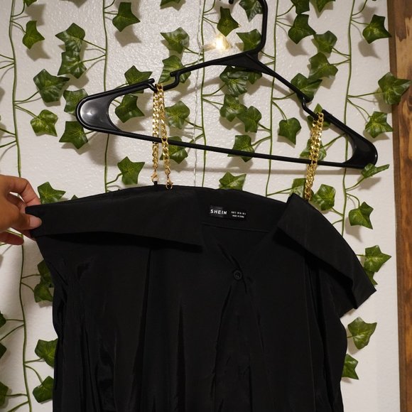 Off Shoulder Black Long Sleeve Button Up Top | Blouse w/ Gold Chain Straps - Picture 3 of 4